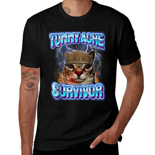Tummy Ache Survivor Cat Meme Funny Saying Cats Animals  Eco-friendly Material T-Shirt