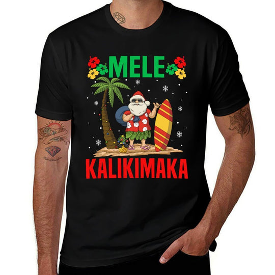 Mele Kalikimaka Tropical Christmas Hawaiian Xmas Santa Claus  Ribbed Collar T-Shirt