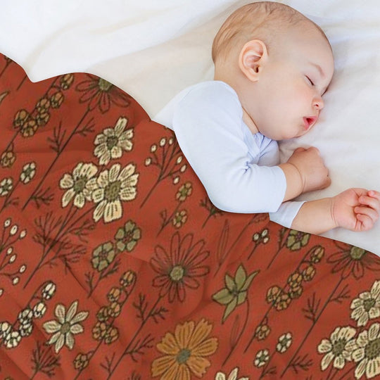 Burnt Orange & Olive Green Floral Comfort Throw Blanket