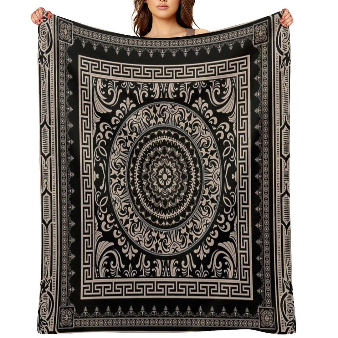 Ornate Baroque Black Khaki Greek Key Sustainable Throw Blanket