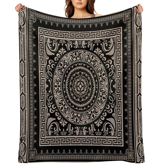 Ornate Baroque Black Khaki Greek Key Sustainable Throw Blanket