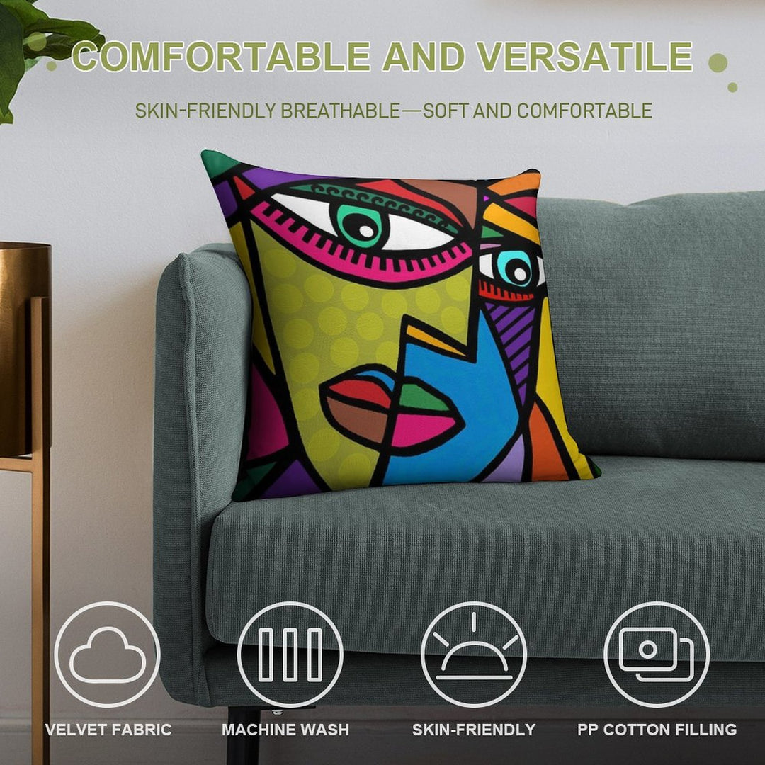 Funky Abstract Art Face with Dots And Stripes Soft Durable Construction Throw Pillow