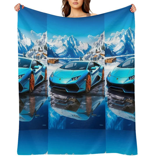 Blue Lamborghini Huracan, Icy Majesty Supercar, Sports Car On Snowy Alpine Backdrop, High Octane Wall Art Sustainable Throw Blanket