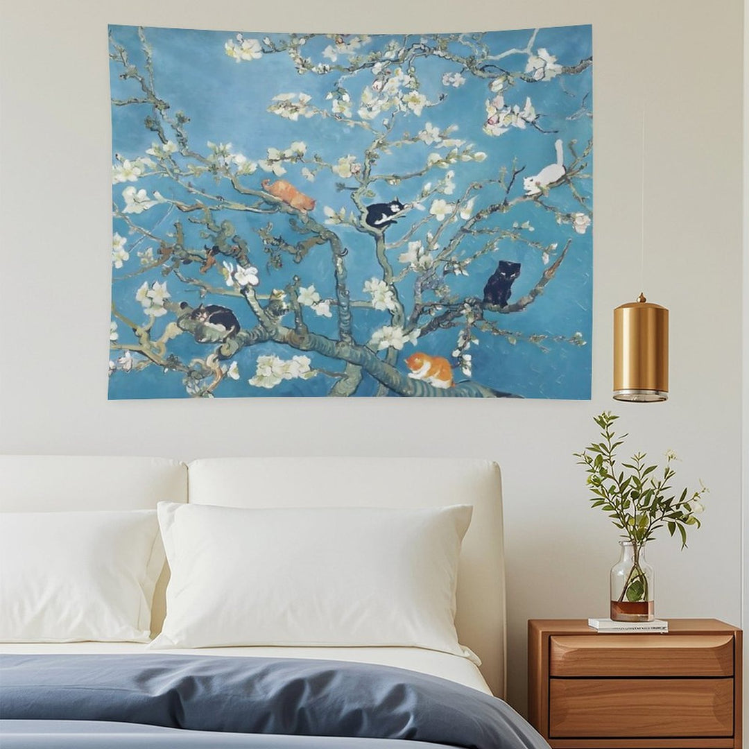 Van Gogh Cute Cats in Almond Blossom Tapestry
