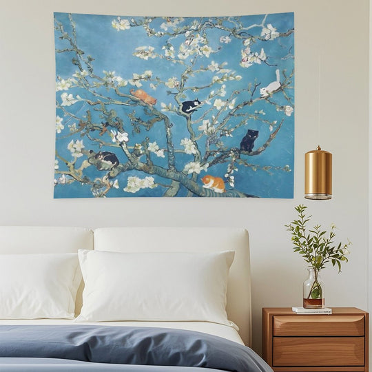Van Gogh Cute Cats in Almond Blossom Tapestry