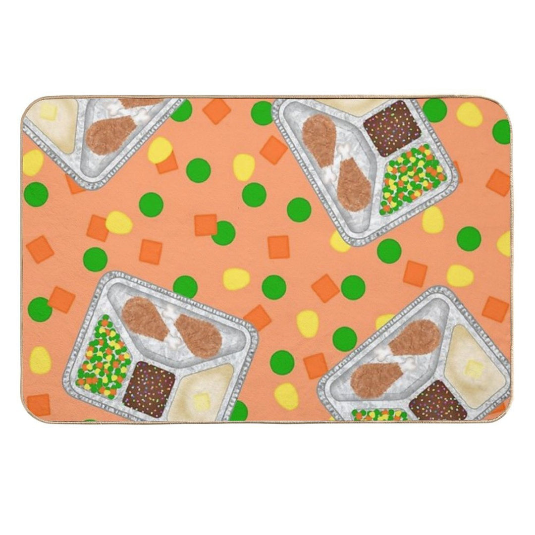 Retro 80’s TV Dinner Tray Food Fried Chicken Peas Corn Carrots On Light Pastel Orange Peach  Rapid-Drying Bath Mat