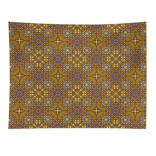 Golden Brown Geometric Composition with Turquoise Flowers Tapestry