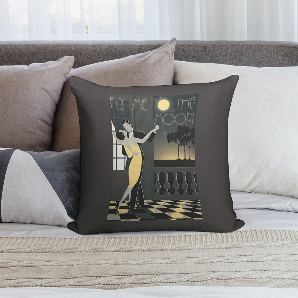 Fly Me To The Moon Vintage Art Deco Poster Soft Short Plush Fabric Throw Pillow