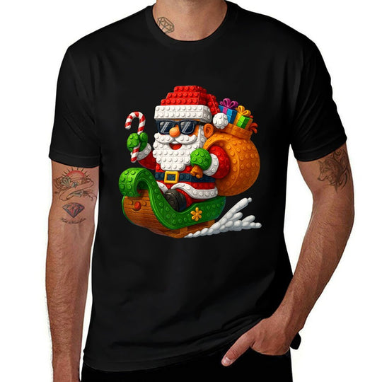 Funny Santa Buidling Brick Riding Pjs Christmas Xmas Boy  High-quality Stitching T-Shirt