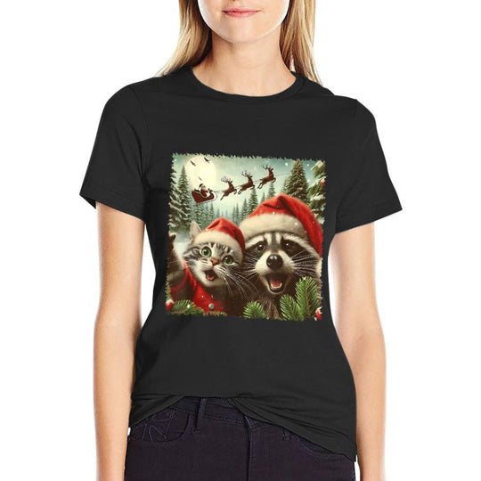 Cat Selfie With Santas Sleigh Weird Funny Raccoon Christmas  Summer-ready Fabric T-Shirt