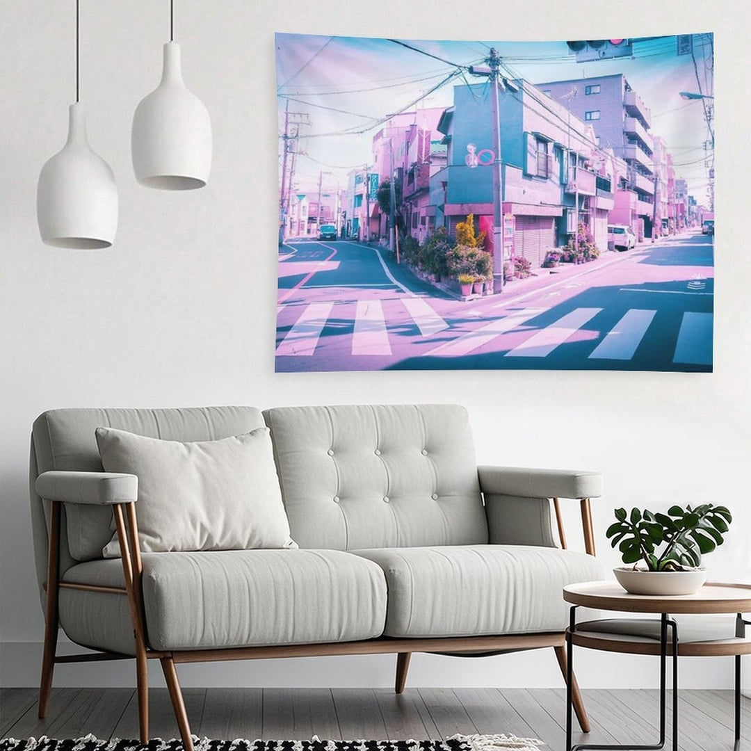 Anime in Real Life Vaporwave Summer Day in Tokyo Residential Area Tapestry