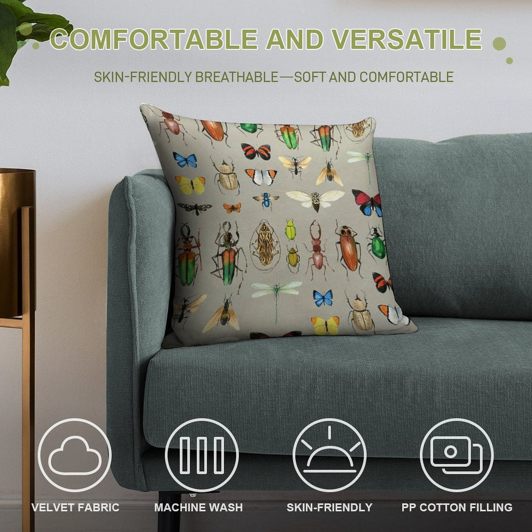 The Usual Suspects - Insects on Grey - Watercolour Bugs Pattern by Cecca Designs Soft Reinforced Edging Throw Pillow