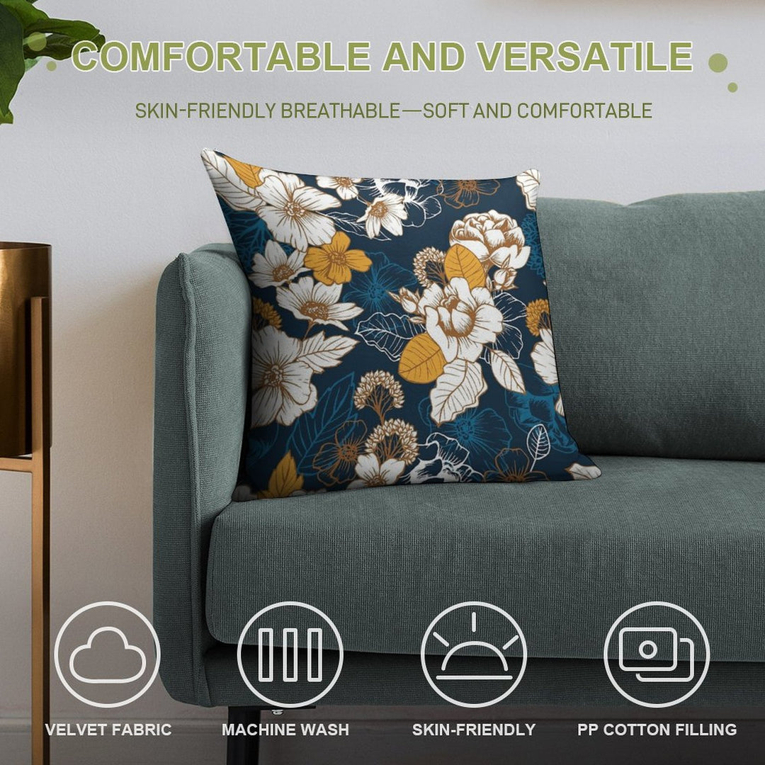 Navy And Gold Peony And Blossom Seamless Pattern Soft Fade-Resistant Throw Pillow