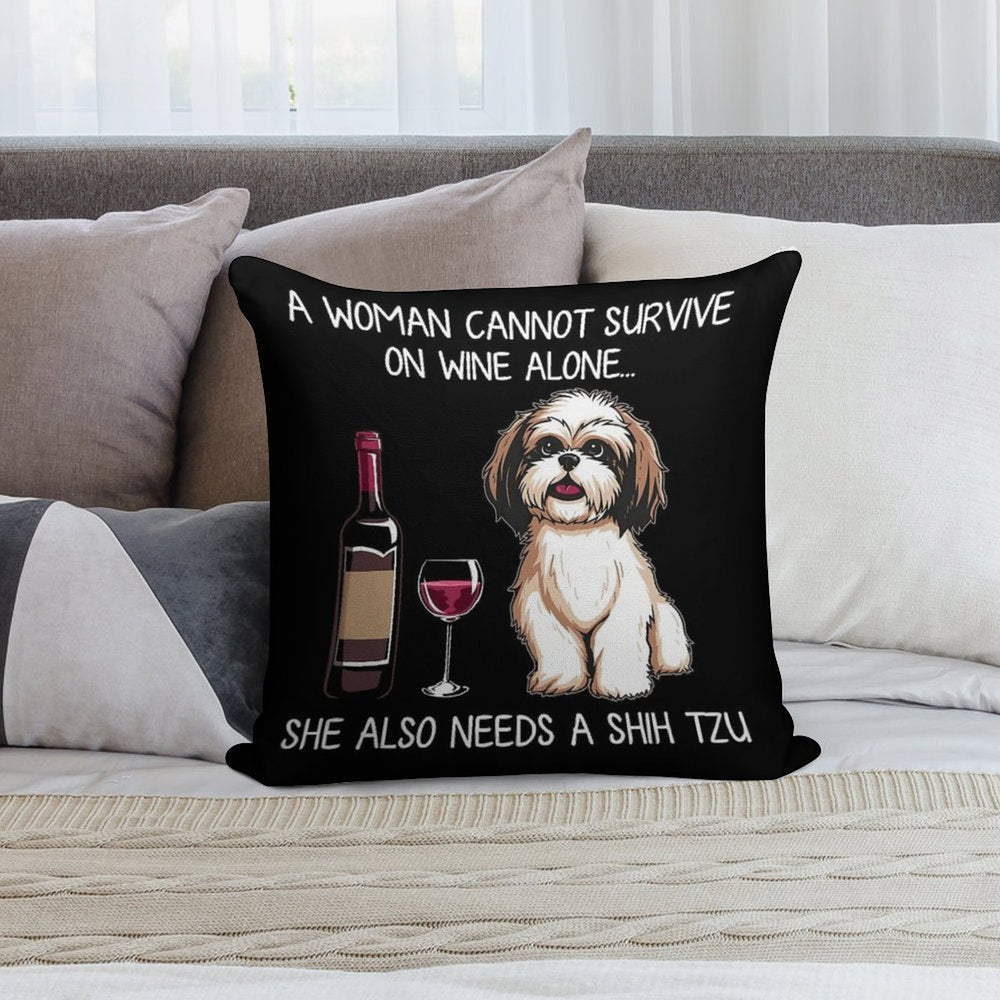 Shih Tzu And Wine Funny Dog Soft Home Decor Throw Pillow