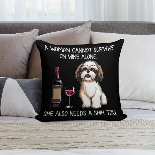 Shih Tzu And Wine Funny Dog Soft Home Decor Throw Pillow