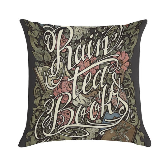 Rain, Tea & Books - Color Version Soft Short Plush Fabric Throw Pillow