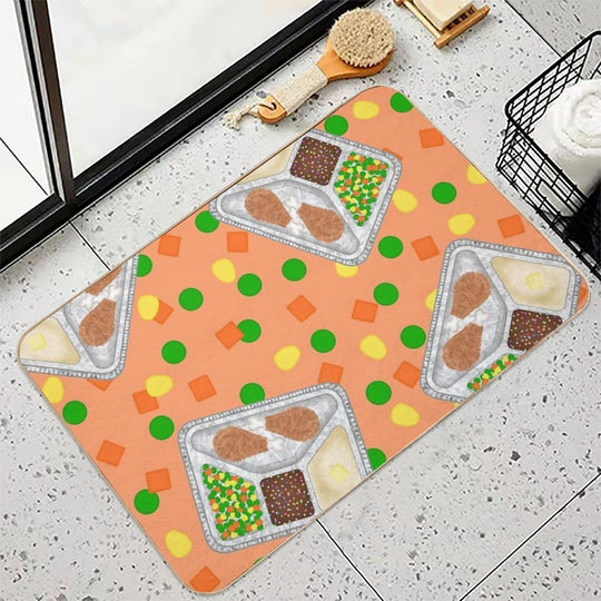 Retro 80’s TV Dinner Tray Food Fried Chicken Peas Corn Carrots On Light Pastel Orange Peach  Rapid-Drying Bath Mat