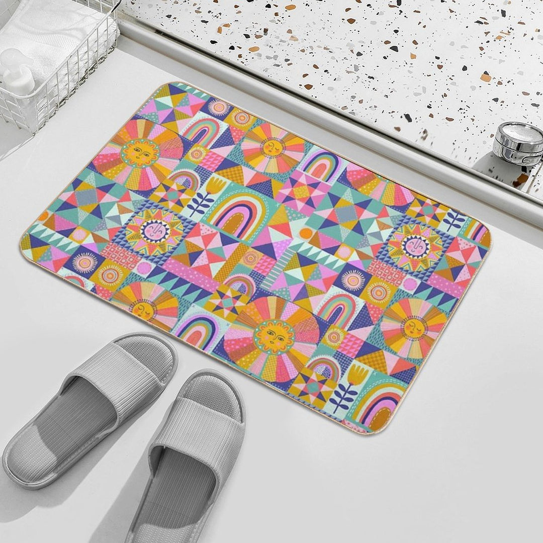 Sunny Patchwork with Aqua Blue  Long-Lasting Bath Mat