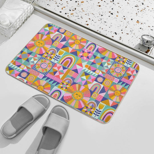 Sunny Patchwork with Aqua Blue  Long-Lasting Bath Mat