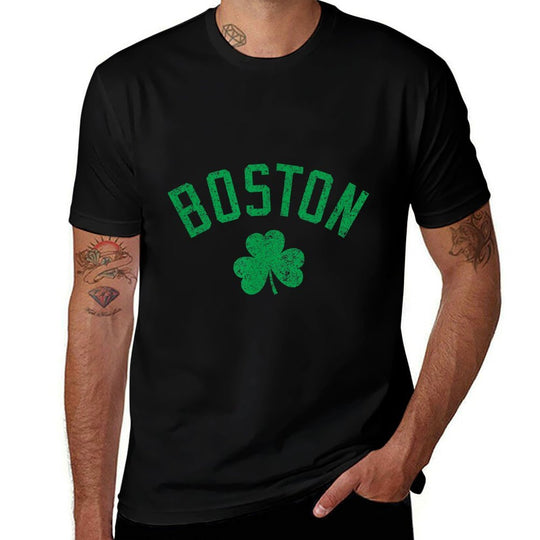 Boston Text Irish Shamrock Distressed Green Print  Classic T-Shirt