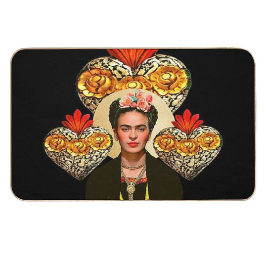 Frida Kahlo Portrait Color, Flowers And Sacred Heart, Black Background  Easy To Clean Bath Mat