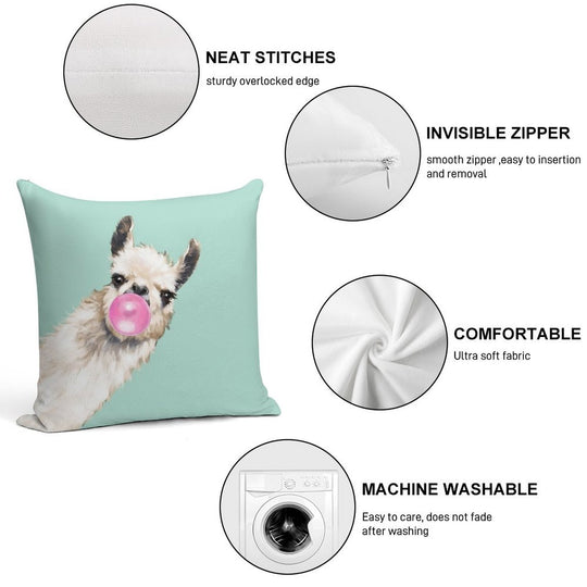 Bubble Gum Sneaky Llama in Green Soft Hidden Zipper Throw Pillow