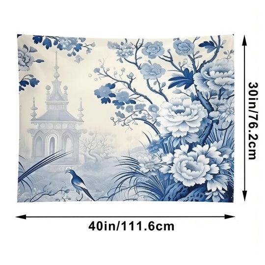 Cerulean Pastoral Pavillion Chinoiserie Tapestry