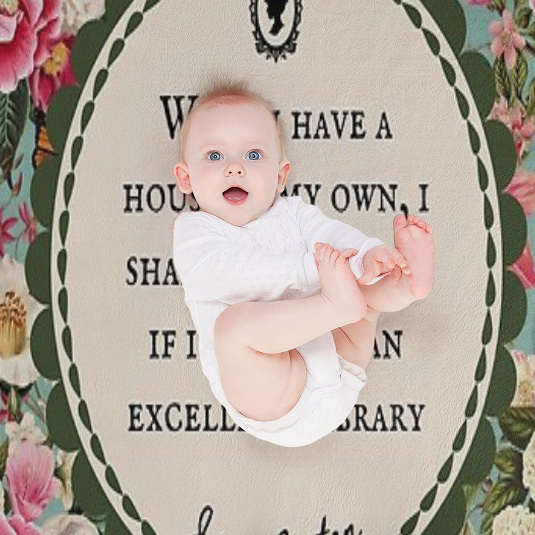 Jane Austen Library Quote, Literary, Bookish, Book Lover, Vintage Floral Flowers Machine-washable Throw Blanket