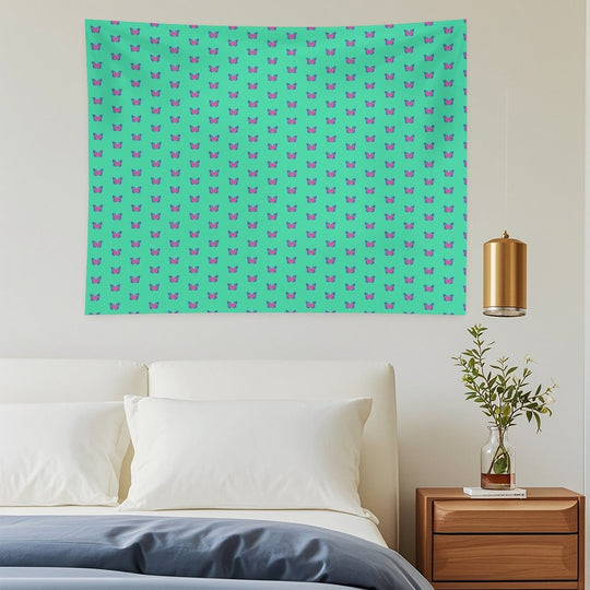 Blue And Pink Butterflies on Mint Green Tapestry