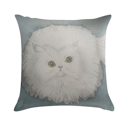 Golden-Eyed Fluffy White Cat – Watercolour Soft Short Plush Fabric Throw Pillow