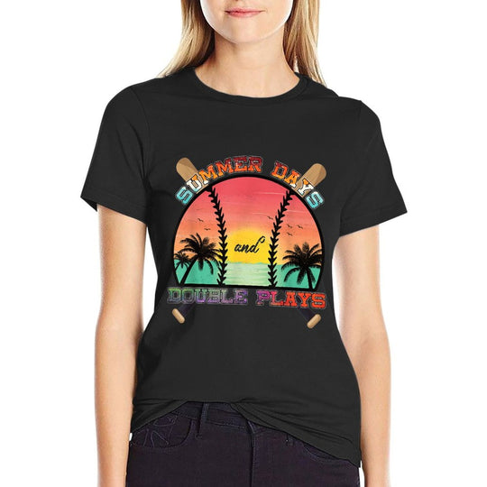 Summer Days And Double Plays Baseball Softball Beach Sunset  Eco-friendly Material T-Shirt