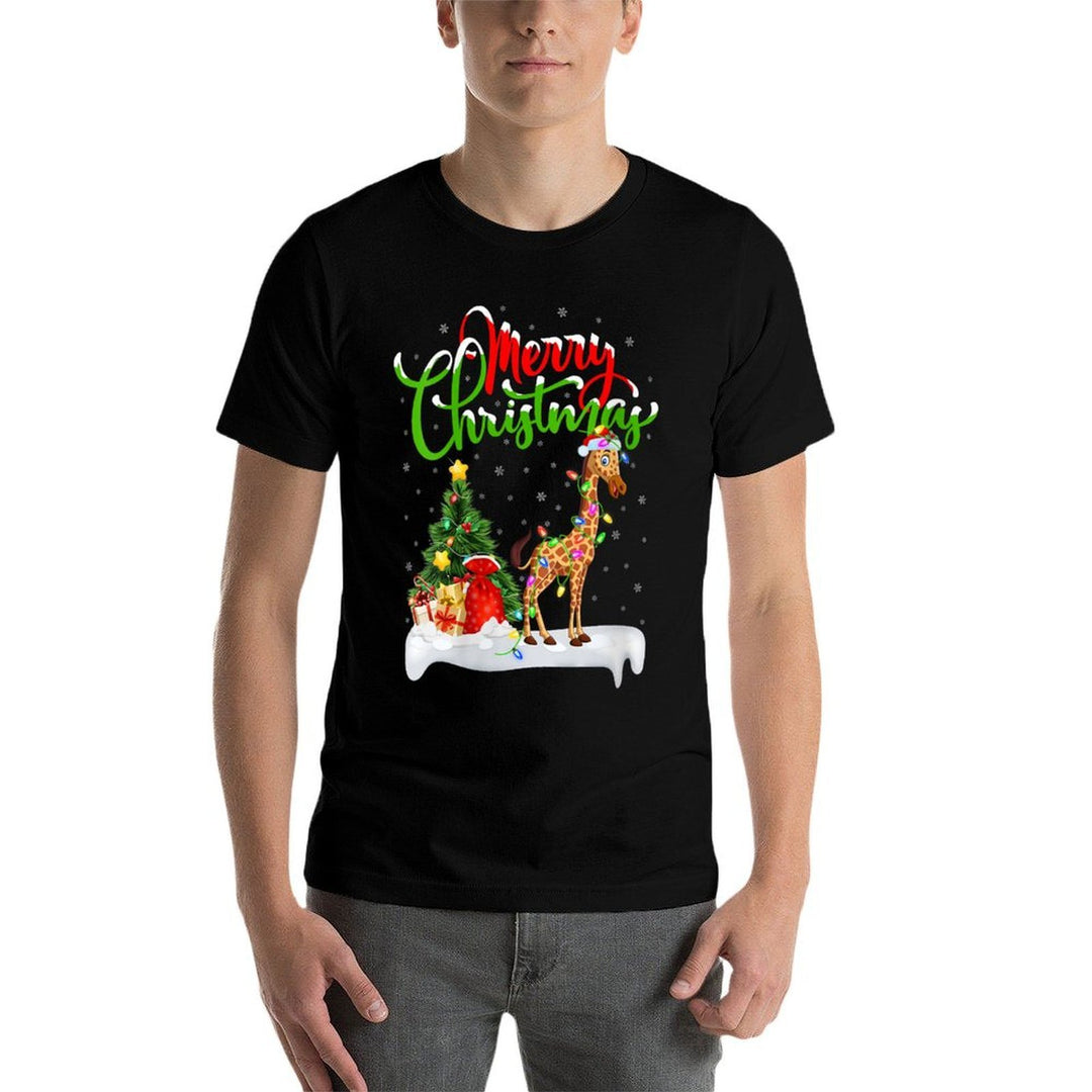 Womens Xmas Tree Lighting Santa Hat Giraffe Christmas  Rolled Sleeves T-Shirt