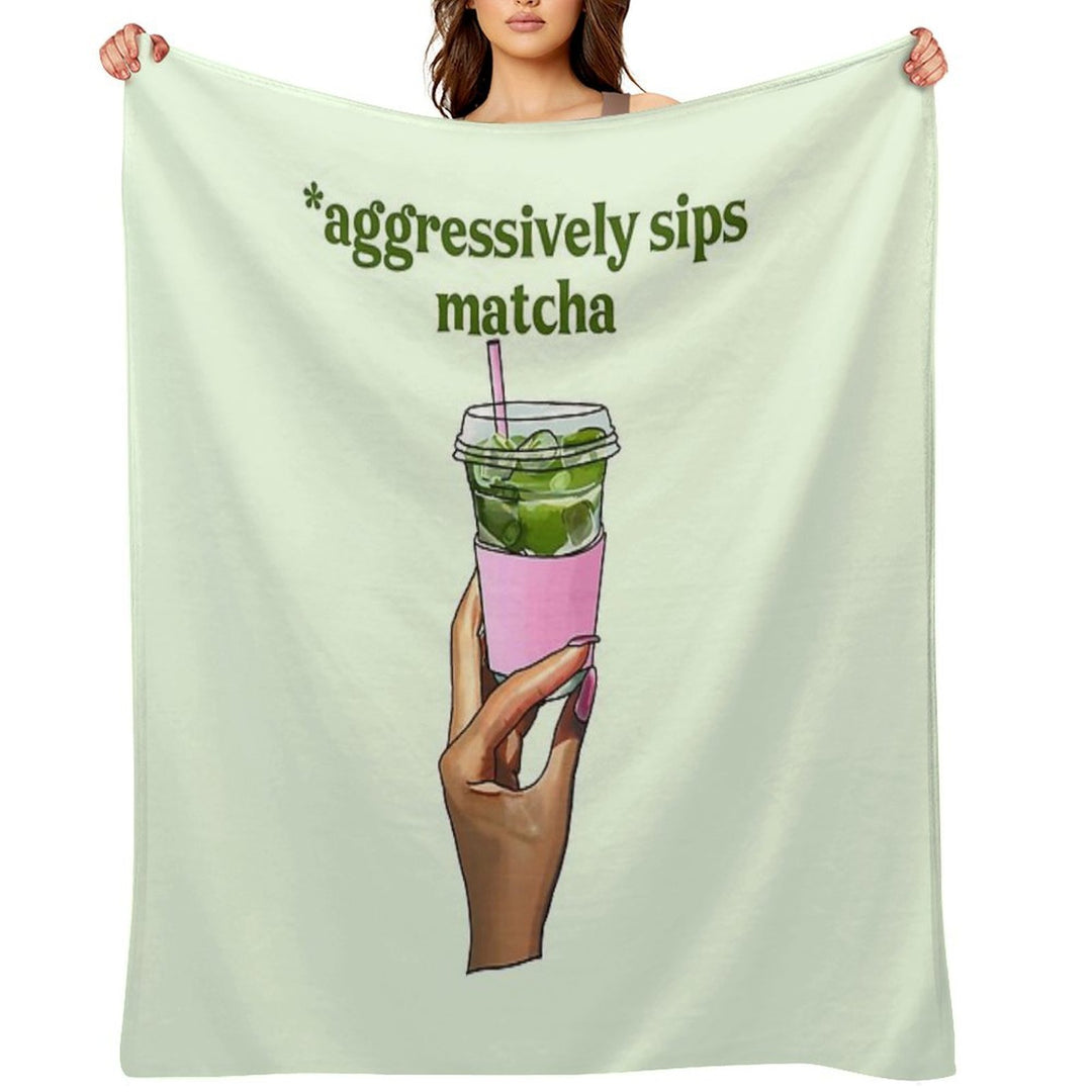 Aggressively Sips Matcha – Funny Matcha Aesthetic Sticker Wrinkle-free Throw Blanket