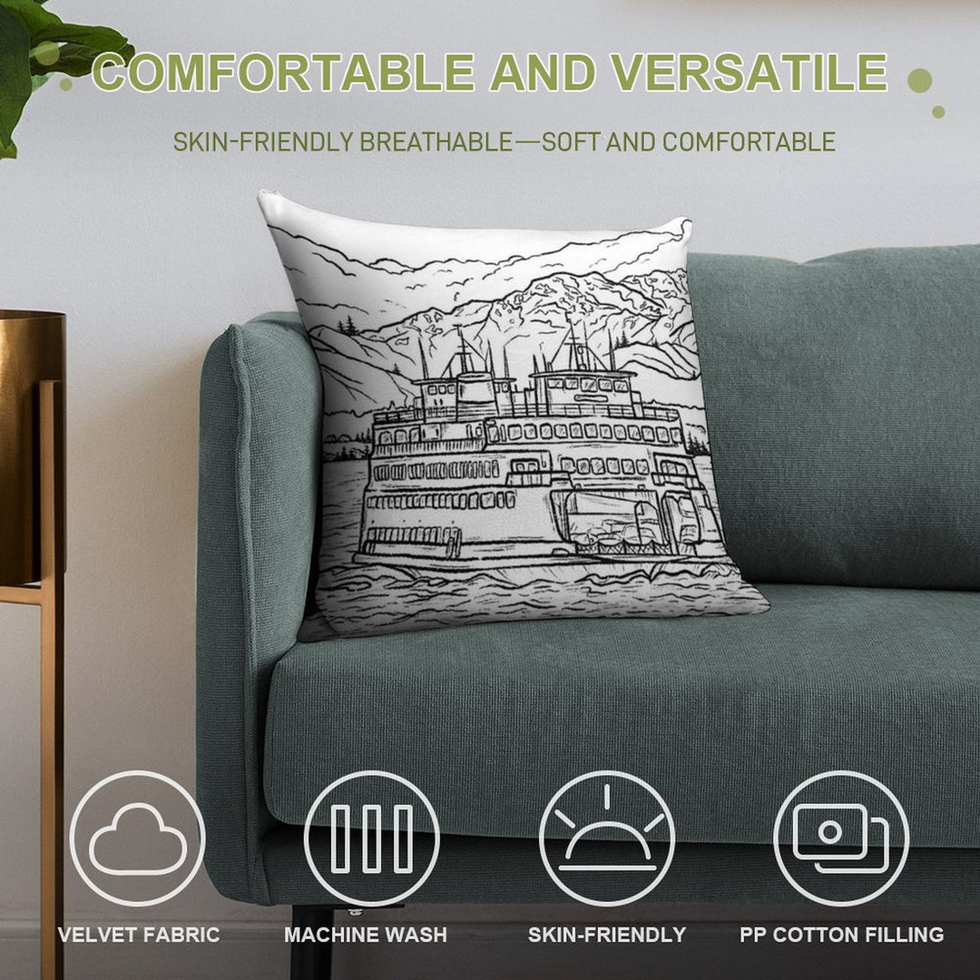 Washington State Ferry Sketch Soft Ultra-Soft Texture Throw Pillow