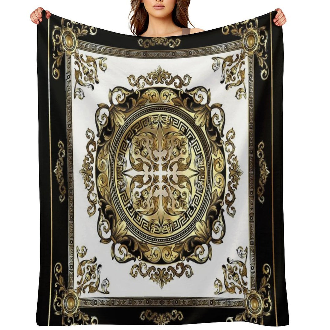 Ornate Baroque White Gold Black Greek Key Meander Sustainable Throw Blanket
