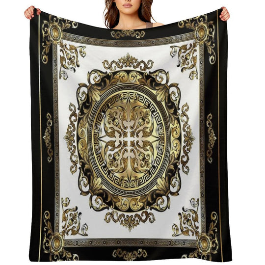 Ornate Baroque White Gold Black Greek Key Meander Sustainable Throw Blanket