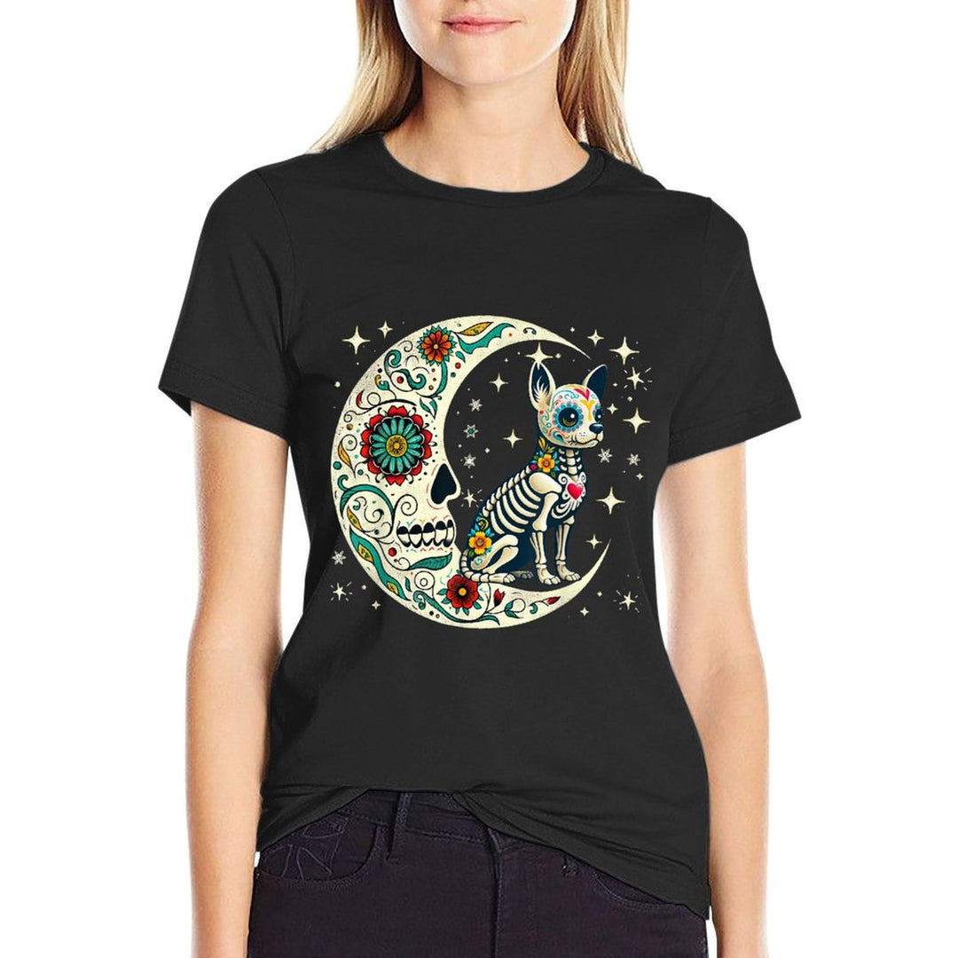 Dia De Los Muertos Halloween Moon Floral Skeleton Chihuahua  Soft T-Shirt