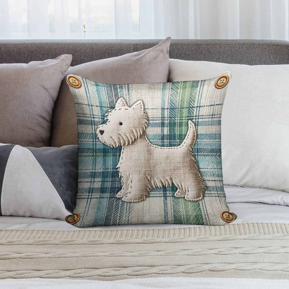 Linen Tartan Stitched Westie Soft Hidden Zipper Throw Pillow