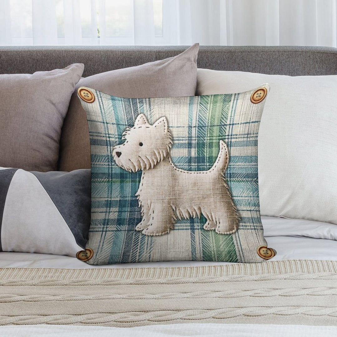 Linen Tartan Stitched Westie Soft Hidden Zipper Throw Pillow