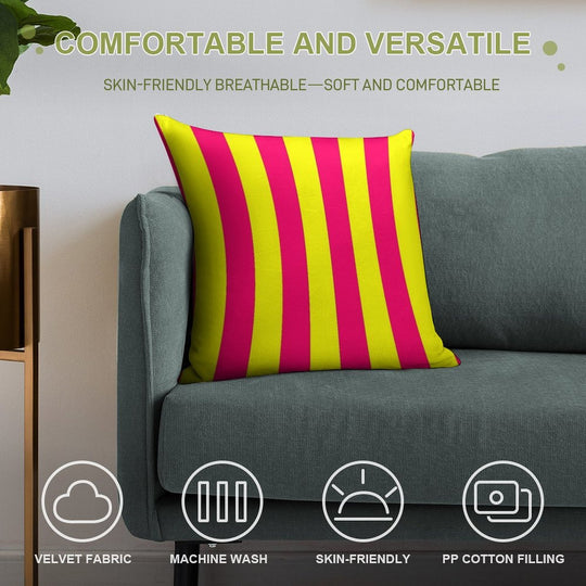 Bright Neon Pink And Yellow Vertical Cabana Tent Stripes Soft Reinforced Edging Throw Pillow