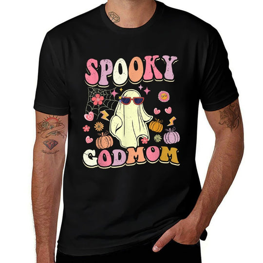 Spooky Godmom Groovy Ghost Halloween Funny Godmother  High-quality Stitching T-Shirt