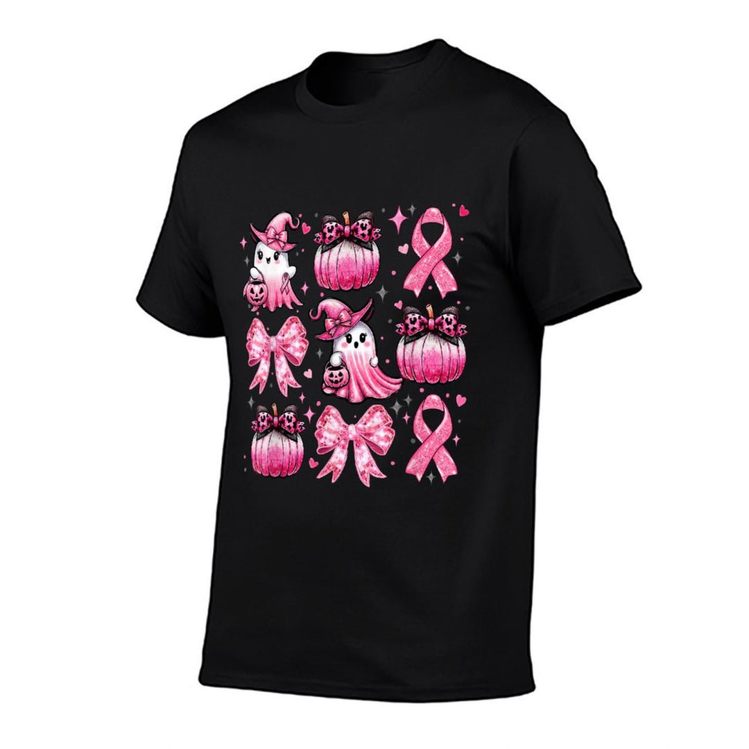 Pink Ghost Coquette Bow Halloween Breast Cancer Awareness  Rolled Sleeves T-Shirt