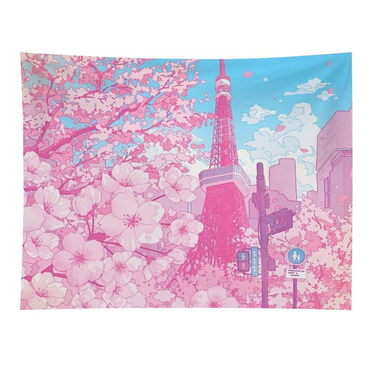 Tokyo Tower & Cherry Blossom (Corrected Colors) Tapestry