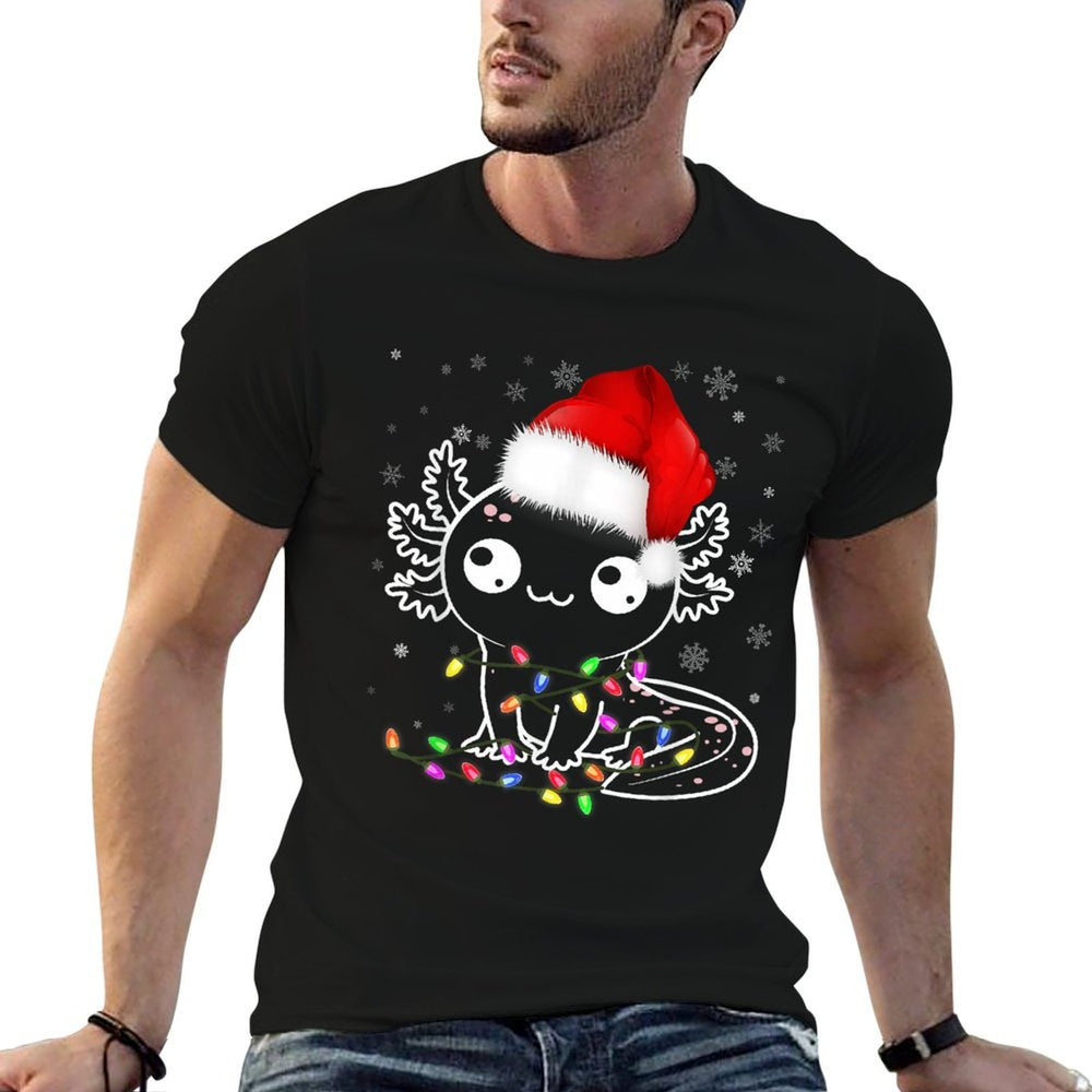 Axolotl Xmas Hat Santa Tree Cute Funny Christmas Pajama  Cotton T-Shirt