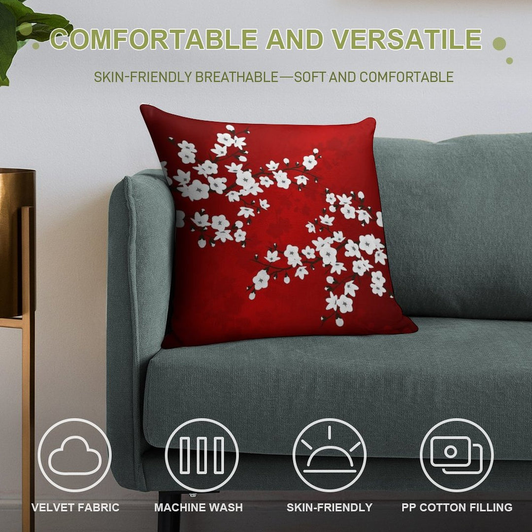 Cherry Blossom Red White Asia Floral Soft Short Plush Fabric Throw Pillow