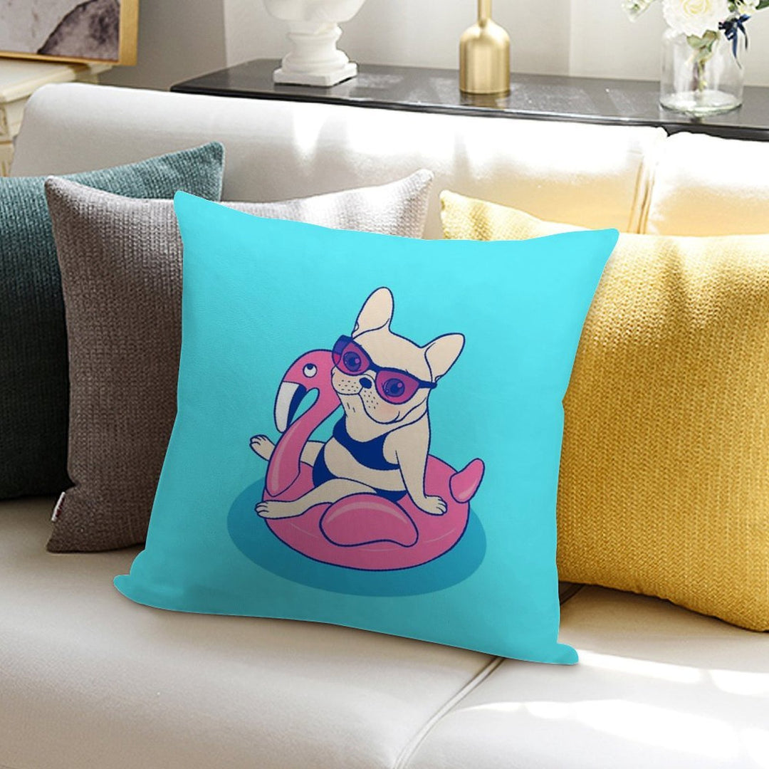 Frenchie Enjoys Summer on Flamingo Pool Float in Swimming Pool Soft Hidden Zipper Throw Pillow