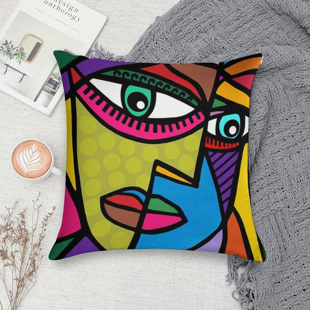 Funky Abstract Art Face with Dots And Stripes Soft Durable Construction Throw Pillow