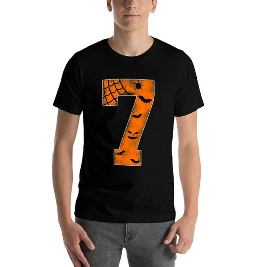 Number 7 7th Birthday Boy Seven Halloween Happy Birthday  Ribbed Collar T-Shirt
