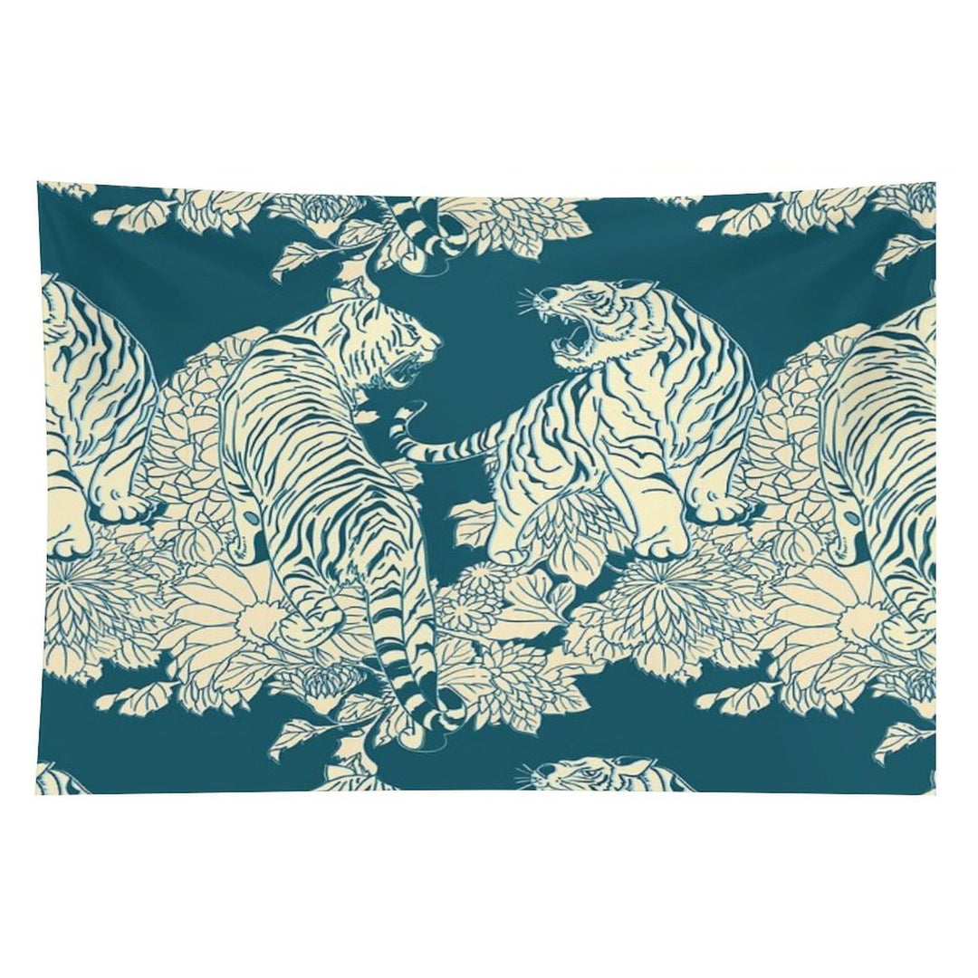 Teal And Cream Tigers And Flowers Tapestry
