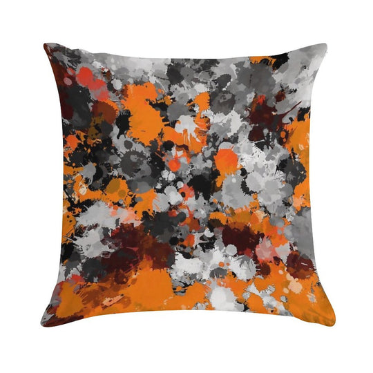 Orange And Grey Paint Splatter Soft Hidden Zipper Throw Pillow